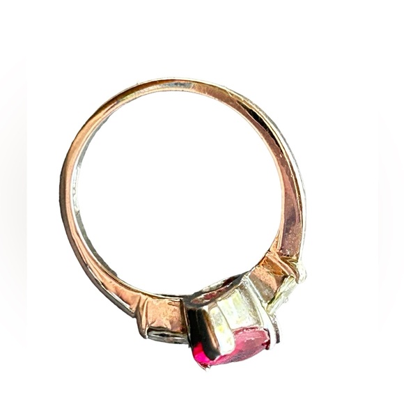 Vintage Ring Double Ruby Hearts W/Clear Crystals Silver Electroplate 18 KCE Sz 6 - Picture 6 of 7